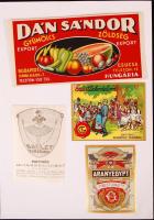 cca 1910 4 db színes reklámcímke (Dán Sándor Gyümölcs Zöldség export, Balett Pantomim Matinék, Aranyeypt, Ezüstlakodalom)