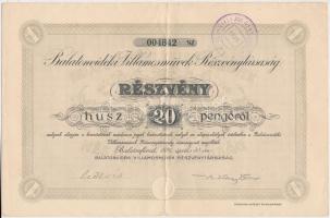 Balatonfüred 1926. "Balatonvidéki Villamosművek Részvénytársaság" részvény 20P-ről, szárazpecséttel, szelvényekkel, felülbélyegzéssel T:II,II-