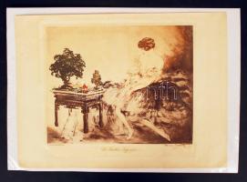 Louis Icart (1890-1950): Le Fardin Japonais. Színezett rézkarc, papír, jelzett a lemezen, 23×26 cm
