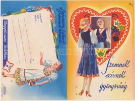 Szemnek szívnek gyönyörűség, Nagykovácsy üzletház 'Bokréta' reklámja, Budapest, Kossuth Lajos utca 9. Lamoss Géza kiadása / Hungarian advertisement, folding card s: Fery Antal