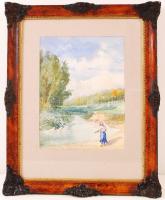 Jelzés nélkül: Patak parton. Akvarell, papír, üvegezett keretben, 27×19 cm