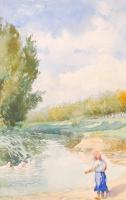 Jelzés nélkül: Patak parton. Akvarell, papír, üvegezett keretben, 27×19 cm