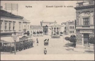 Nyitra, Kossuth Lajos tér, színház, Első Pilseni Sörcsarnok, Einzinger József üzlete, Első magyar biztosító társaság / square, theatre, beer hall, shop, insurance company