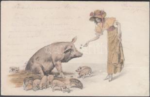Lady with pigs, clover (r)