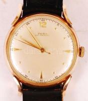 cca 1950 Doxa Anti magnetic mechanikus, arany karóra 14 K, bőr szíjjal. Müködő állapotban, kijáró fe...