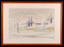 Kovátsné Nagy Emerencia (1921-1978): Téli falu. Akvarell, papír, jelzett, üvegezett keretben, 30×48 cm