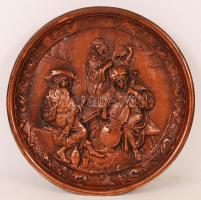 Mulatozó zenészek dísztál, bronzírózott fém, d:34 cm