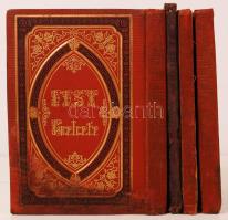 4 db izraelita imádságos könyv(1873-1880), közte: M.E. Stern: Festgebete der Israeliten mit vollständigen, sorgfältig durchgesehenem und wohlgeordnetem Texte und einer vermehrten und verbesserten deutschen Übersetzung. Siebente Ausgabe. Dritter Teil. Gebete für den Vorabend des Versöhnungstages. Pest, 1873, Verlag von Lőwy'Sohn. A könyvek kiadói aranyozott, dombornyomott egészvászon kötésben, viseltes állapotban.