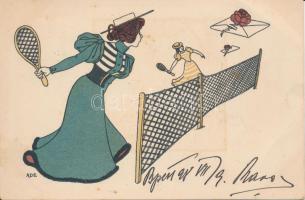 1898 Playing tennis, letters with rose, humour s: ADE (fl)