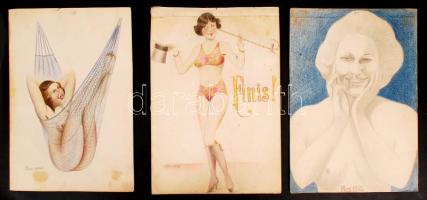 Jelzés nélkül: 12 db erotikus rajz, vegyes technika, papír, 38×26 cm