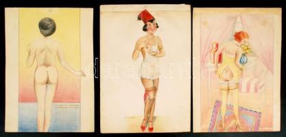 Jelzés nélkül: 12 db erotikus rajz, vegyes technika, papír, 38×26 cm