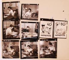 cca 1960 Zombory Éva bélyegtervező műhelyében 9 db fotó kartonlapon. Bojár Sándor felvételei