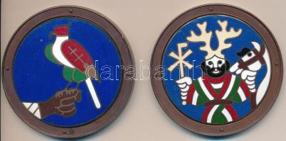 Papp László (1947-) 1988. "Emlékérem első királyunk Szent István halálának 950. évfordulójára a Szent Jobb országjárásának emlékére 1038-1988" (2x) "Szent István lóval és Krisztogrammal" + "Turul" patinázott és zománcozott vörösréz érmék (70mm) T:2