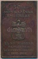 Berán Nándor (1889-1965) 1932. "50 év munkájának emlékére - Első Magyar Papíripar Részvénytársaság" Br plakett, hátoldalon "BUDAPEST/DÖBRENTEI U. 2." (100x65mm) T:2 ph.