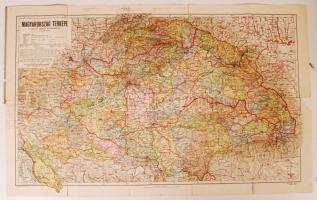 cca 1930 Magyarország térképe a trianoni határok feltüntetésével (kézileg jelölve rajta a visszatért területek), Magyar Földrajzi R.T., nagy szakadásokkal, 44x70 cm