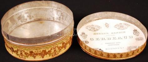 Gerbeaud fém dobozka, foltos, szakadt papírral/ 
Gerbeaud metal box, d:13 cm