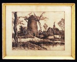 Gácsi Mihály (1926-1987): Szélmalom. Rézkarc 90/100, papír, jelzett, üvegezett keretben 30×38 cm