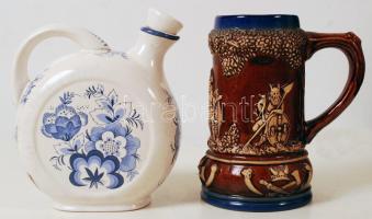 Pálinkás kancsó és egy díszített sörös korsó, jelzettek, hibátlanok, m:17 cm (2×)