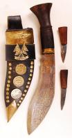 Nepáli dísz kés 2 db mini bicskával, bőr hüvelyben, h:26 cm