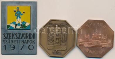 1970. "Szekszárdi Szüreti Napok" zománcozott emlékplakett (80x55mm) + 1976. "Szekszárd / XV. Országos Borverseny" Br díjérem (56mm) + 1972. "Budapest UVEXPO" Br emlékérem (56mm) T:1,2