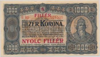 1923. 1000K T.W. nyomdahely jelöléssel és "8 FILLÉR - NYOLC FILLÉR" felülnyomással T:III Adamo K37B