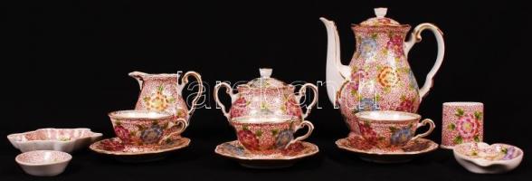 Orbán Gizi által festett hiányos mokkás készlet kiegészítőkkel, kézzel festett, jelzett, hibátlan