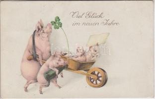 New Year, pigs, clover litho (EB)