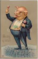 New Year, pig gentleman litho (EK)