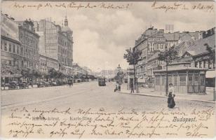 Budapest V. Károly körút, Diana gyógyszertár, villamos, Lámpaárugyár, fogorvos