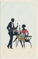 5 db szignós árnyképes művészlap, Manni Grosze, Diefenbach / 5 silhouette art postcards, sign. Manni Grosze, Diefenbach