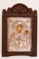 Mária Jézussal, modern ikonmásolat fa keretben, ezüst előlappal, jelzett / icon with silver front 21x31 cm