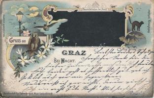 1898 Graz at night, owls, bats Art Nouvaeu litho (b)