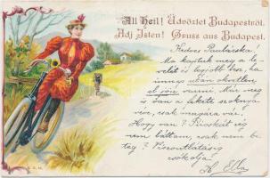 Cyclist woman, litho (Rb)