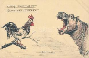 Singing rooster and hippo, humour s: R. Kipp