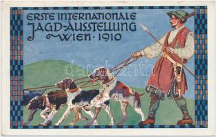 1910 Vienna, Wien; I. Internationale Jagd Ausstellung / international hunting exhibition, hunter, dogs, advertisement (small tear)