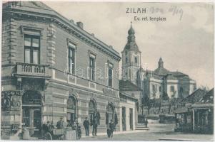 Zilah, Zalau; Református templom, Stern és Materny János kereskedései; kiadja Terge József / Calvinist church, shops