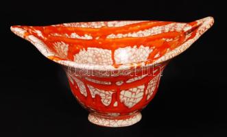 Gorka Iparművészeti Vállalatos füles kosár, mázas kerámia, jelzett, hibátlan, m:13 cm, d:21 cm