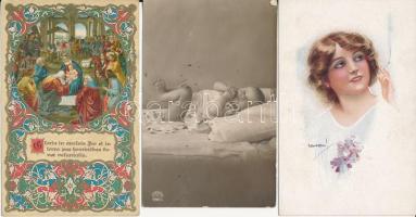 22 db RÉGI főként használatlan motívumlap; művész, vallás, katonai, gyerek pár fotóval / 22 old mostly unused motive cards; art, religious, military, children with some photo