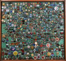 kb 500db-os klf magyar és külföldi kitüntetés, jelvény gyűjtemény főként a szocialista időszakból, 68x61cm-es üvegezett keretben T:vegyes