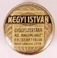 Hegyi István Gyógyszertára az "Angyalhoz", Erzsébetfalva gyógyszeres dobozka, d: 3 cm