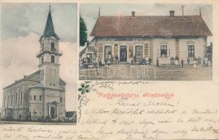 Medgyesegyháza, Zuckermann Izidór vegyeskereskedése, templom (fa)