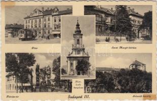 Budapest III. Főtér, villamos, Szent Margit kórház, Flórián tér, Római katolikus templom, Schmidt kastély (Rb)