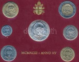 Vatikán 1993. 10L-500L + 1000L Ag, 7xklf db-ból álló forgalmi szett tájékoztatóval T:1 Vatican 1993. 10 Lire - 500 Lire + 1000 Lire Ag, 7xdiff pcs in coin set with information C:UNC Krause MS99