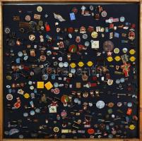 kb 350db-os magyar és külföldi kitüntetés, jelvény gyűjtemény főleg a szocialista időszakból, 65x62cm-es fakeretben T:vegyes