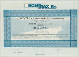 Budapest 1992. "Kontrax Irodatechnika Részvénytársaság" 1000Ft értékű részvénye, szelvényekkel + Budapest 1993. "Az Első Kárpótlási Jegy Befektető Rt." 10.000Ft értékű részvénye lyukasztva, szelvényekkel T:I
