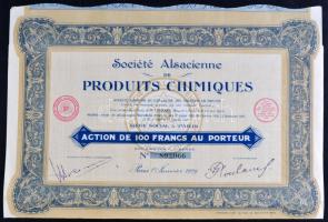 Franciaország / Párizs 1929. "Vegyi Termékek Elzászi Vállalata" részvény 100Fr-ról, szelvényekkel T:II France / Paris 1929. "Société Alsacienne de Produits Chimiques" share about 100 Francs with coupons C:XF