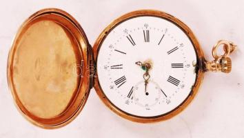 14 K arany tokos, fedeles francia Remontoir zsebóra. Nem működik, mutatók, üveg hiányzik. Tiszta arany súly kb 12 g / 14 C golden pocket watch. Needs repair, some parts missing. Net gold weight cca 12g