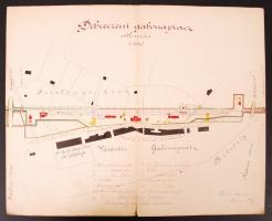 1880 A Debrecen Gabonapiaci vasútállomás helyszínrajza. Színezett tus, karton. 42x32 cm