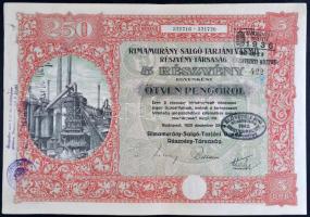 Budapest 1925. "Rimamurány-Salgótarjáni Vasmű Rt." 5 részvénye egyenként 50P-ről pecsétekkel, szelvényekkel T:II