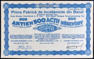 Románia/Kolozsvár 1938. "Első Bánáti Cipőgyár Részvénytársaság" 500 részvénye egyenként 50L-ről szelvényekkel T:I Romania/Cluj 1938. "First Shoe Factory of Banat Share Company" 500 shares, each about 50 Lei with coupons C:UNC
